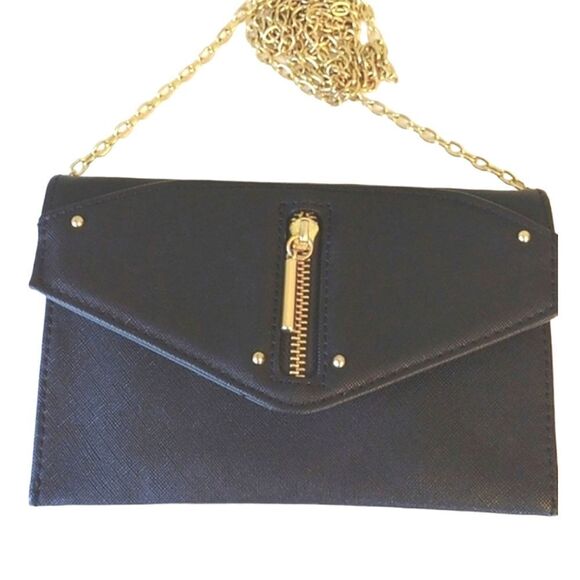 Danielle Nicole Black Vegan Gold Accent Evening Envelope Clutch with Chain - Picture 13 of 13